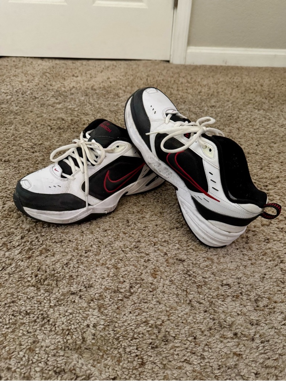Nike Air Monarch White Sneakers with Red Swoosh